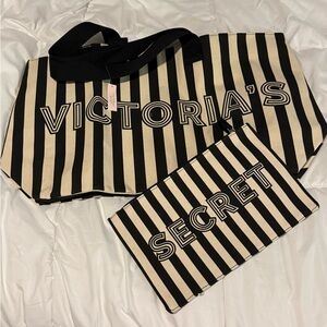 Victoria's Secret Black and Tan Striped Tote Set